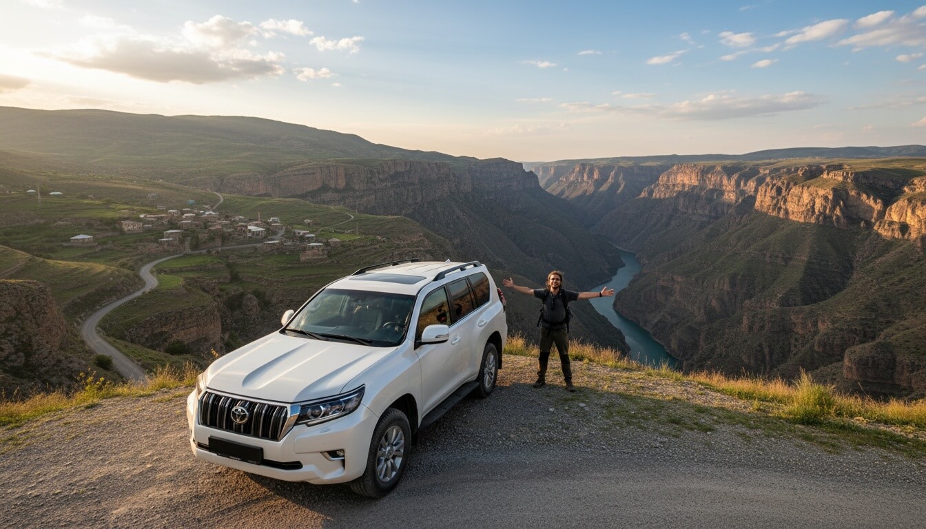 Белый внедорожник Toyota Land Cruiser Prado на смотровой площадке и человек с раскинутыми руками на фоне каньона с рекой и горного села в Дагестане