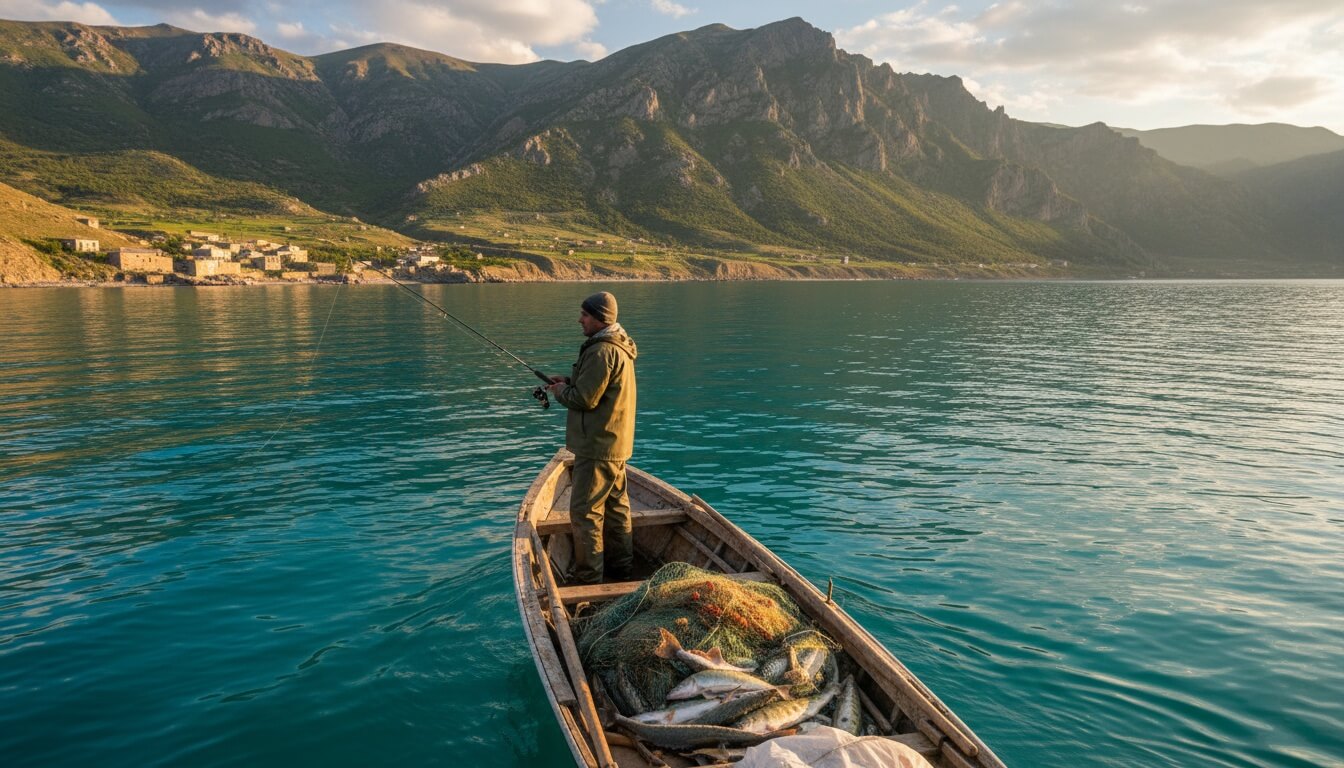 Рыбак с удочкой в деревянной лодке на бирюзовой воде Каспийского моря, на фоне гористого берега Дагестана